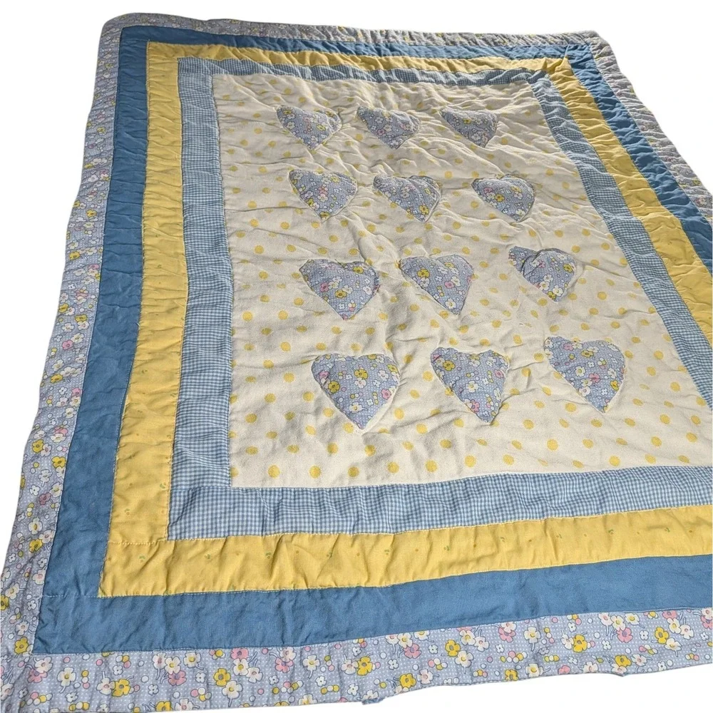Handmade Baby Quilt Yellow Pink Blue Gingham Backing Raised Stuff Hearts Nursery